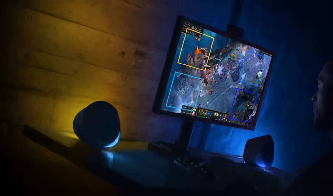 SCREEN-TO-SPEAKER LIGHTING setup illustrating real-time color matching zones