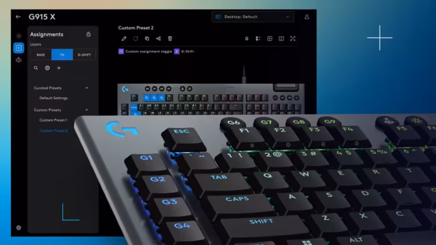 Keyboard layout showing G-keys and cast iron roller for quick access control