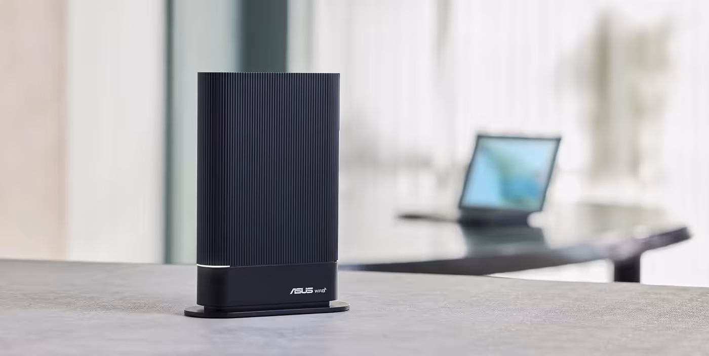 Modern router design displayed in a stylish home workspace environment