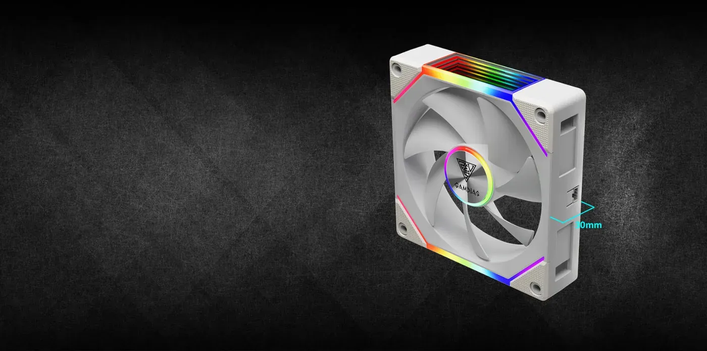 Gamdias AEOLUS P2-1201 Case Fan highlighting 30mm robust frame thickness