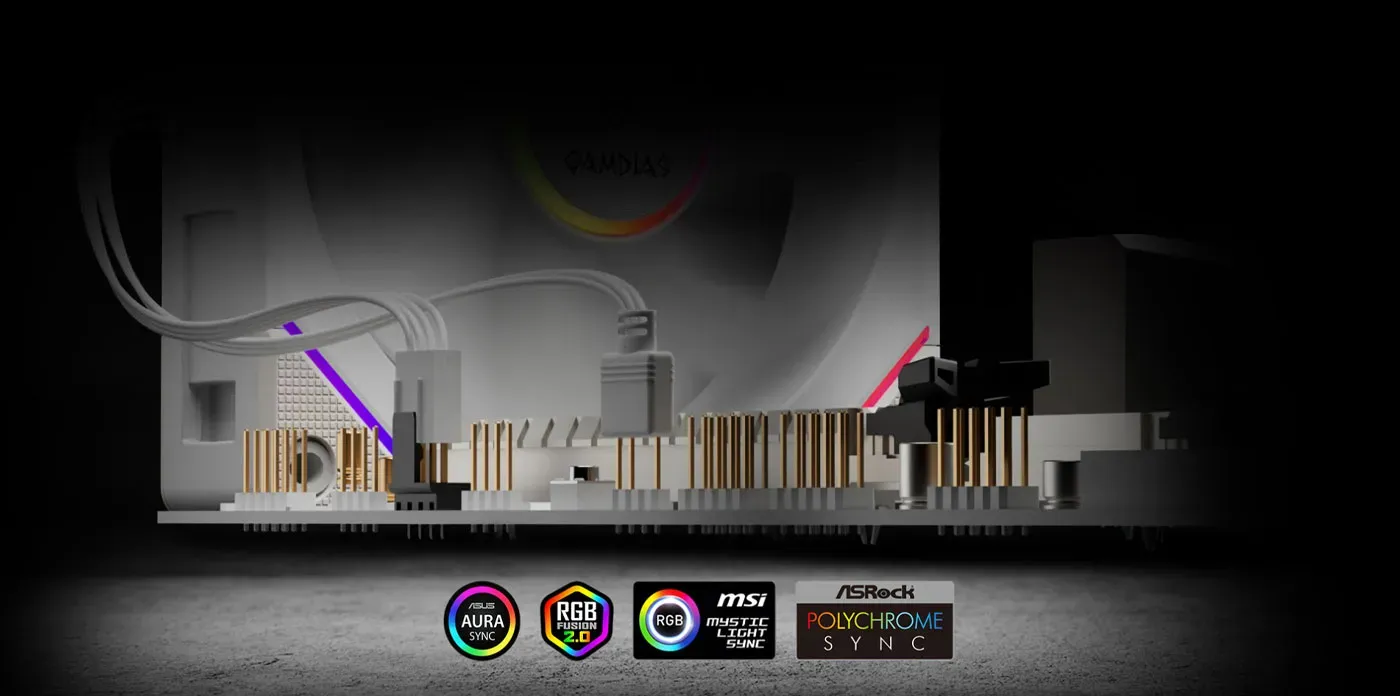 Gamdias AEOLUS P2-1201 Case Fan displaying synchronized RGB motherboard lighting