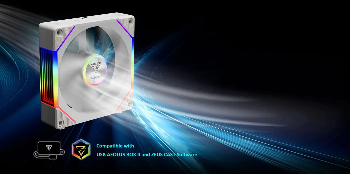 Gamdias AEOLUS P2-1201 Case Fan showing integration with ZEUS CAST software