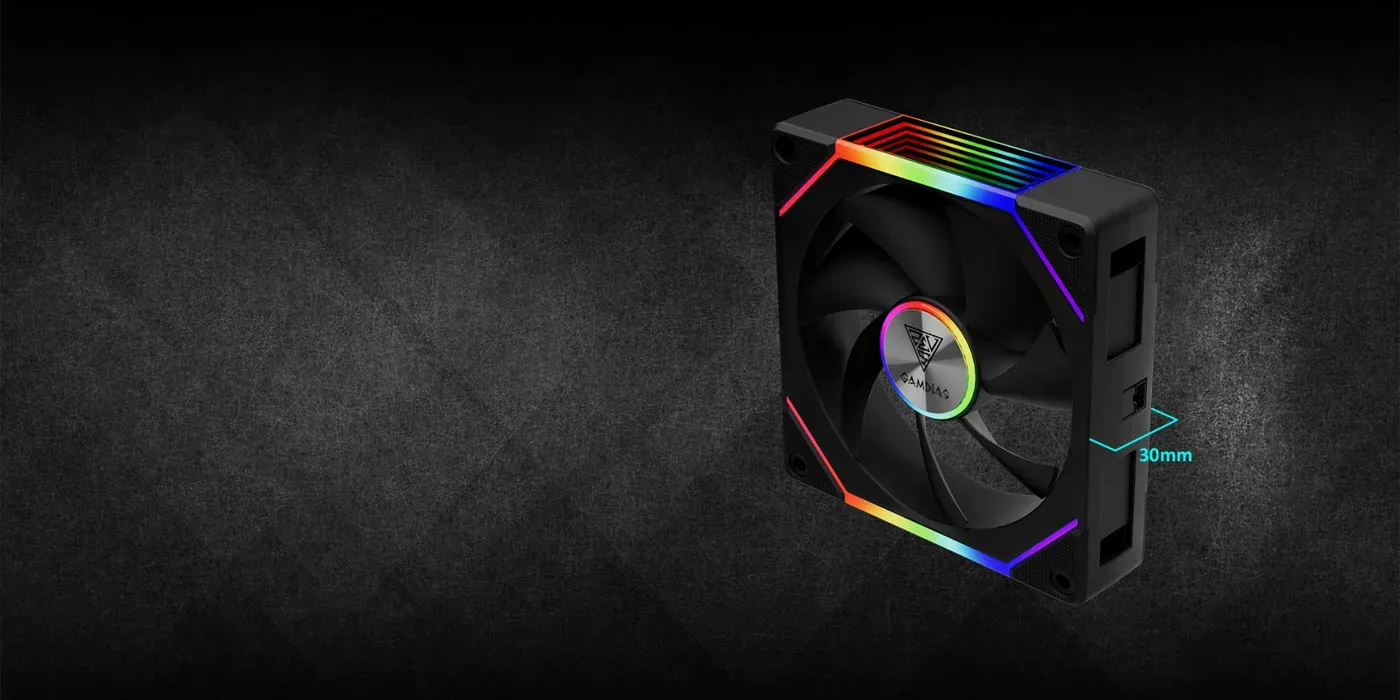 Gamdias Aeolus P2-1203U case fan showing the 30mm frame thickness design for performance