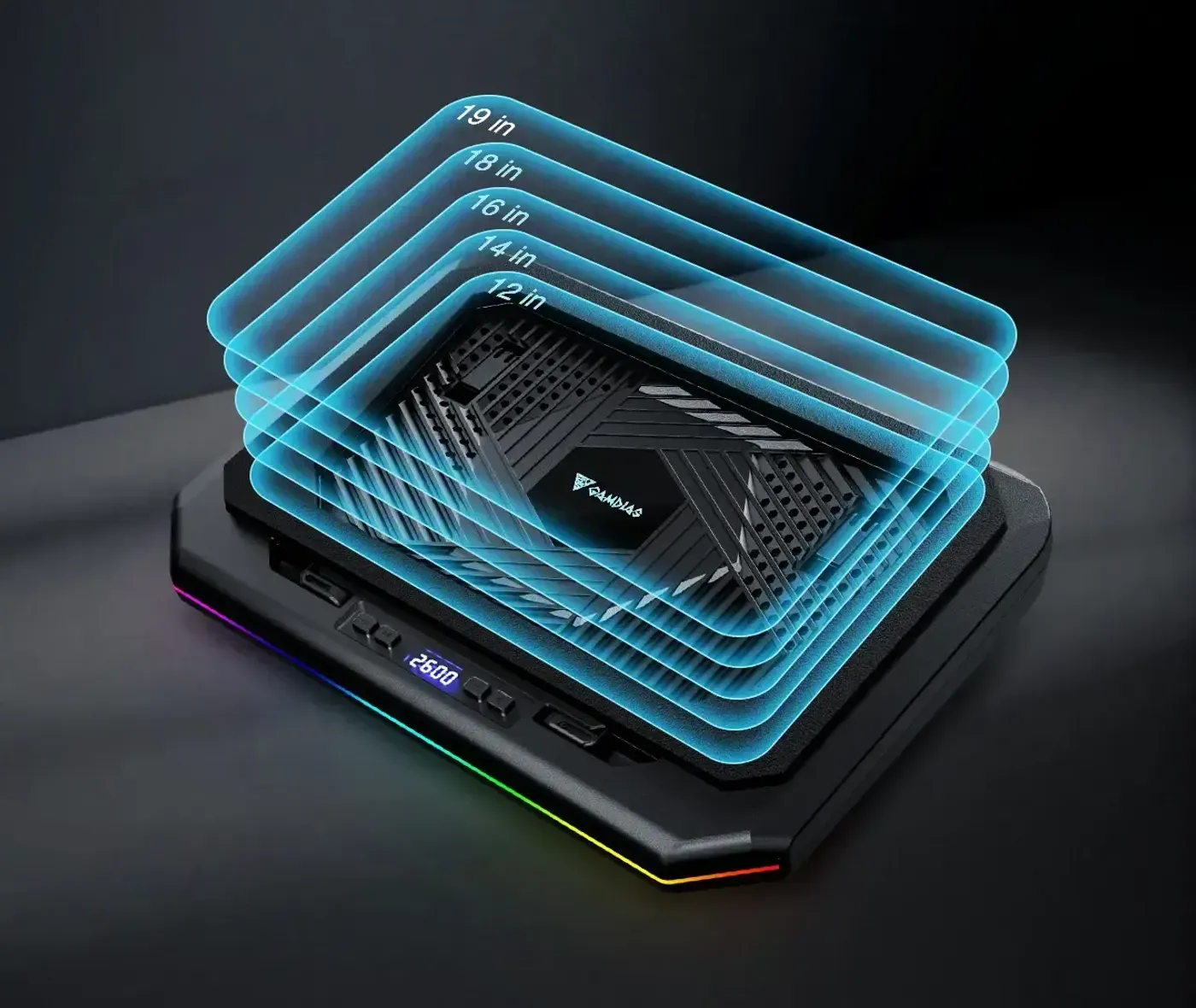Laptop cooler with high-elasticity foam and smart snap-on mechanism for 12 to 19 inch devices