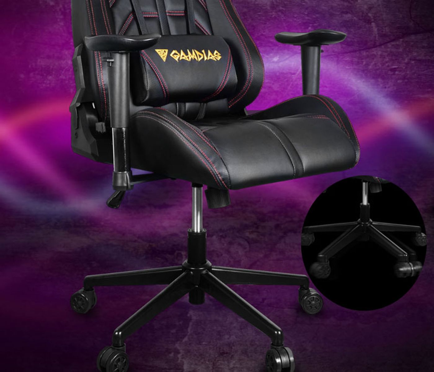 Stable five-star steel base and durable wheels on the Gamdias Aphrodite MF1 chair