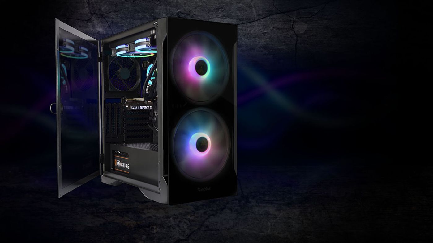 Gamdias APOLLO E2 Elite gaming case featuring a side tempered glass swing door