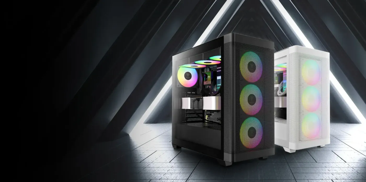 GAMDIAS ATHENA M3 WH white mid tower case shown front-on with its mesh front panel
