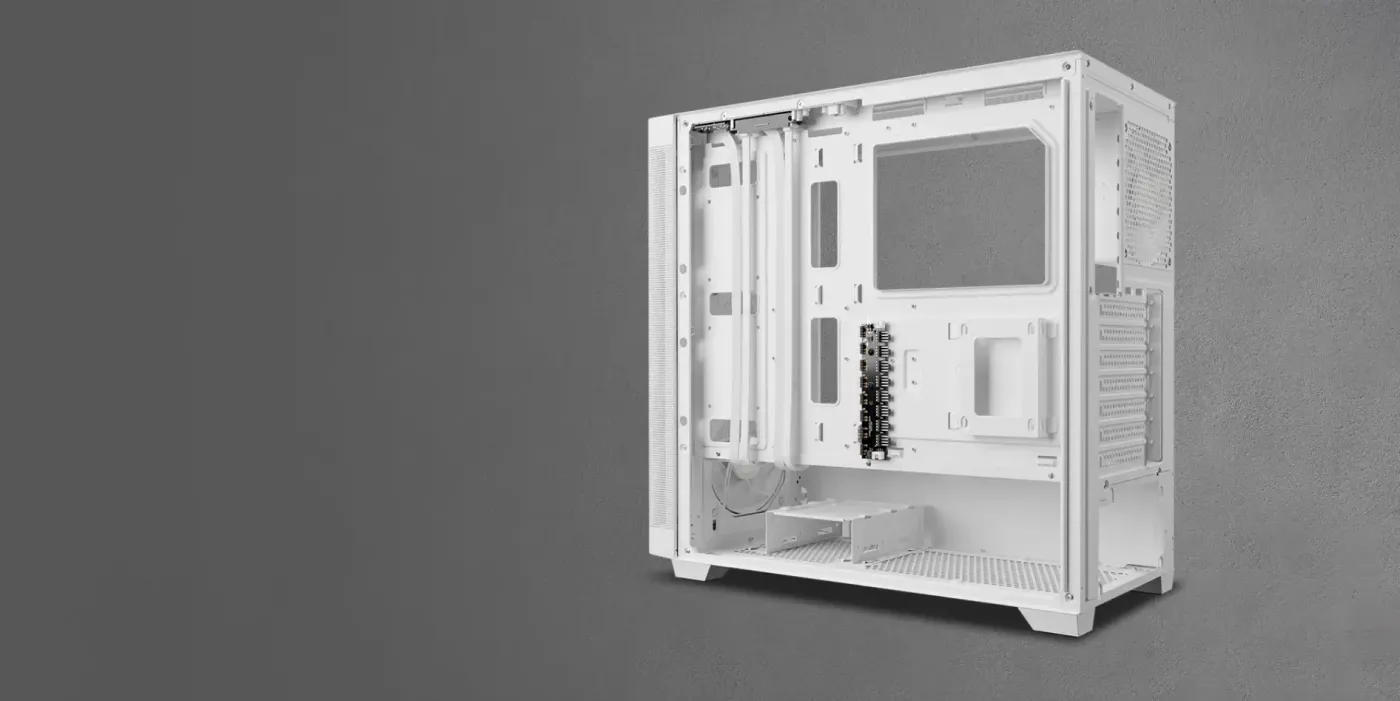 Interior of the ATHENA M3 WH showing white cables, fans and connectors throughout