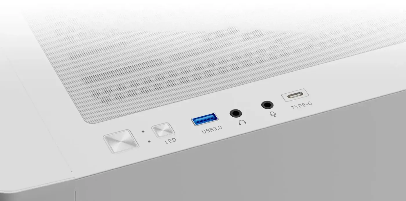 Front I/O panel of the ATHENA M3 WH with USB Type-C, USB 3.0 and audio connectors