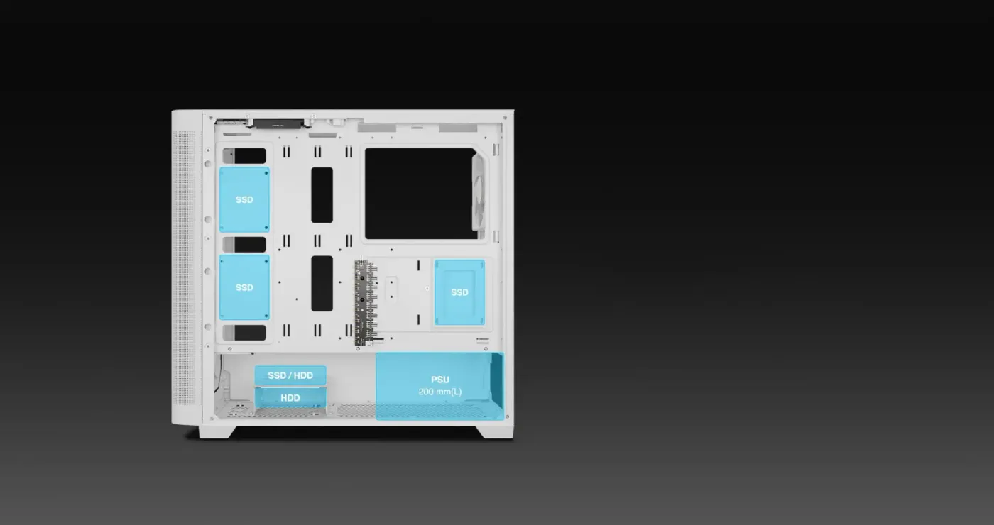 Rear cable management channel and power supply bay inside the ATHENA M3 WH
