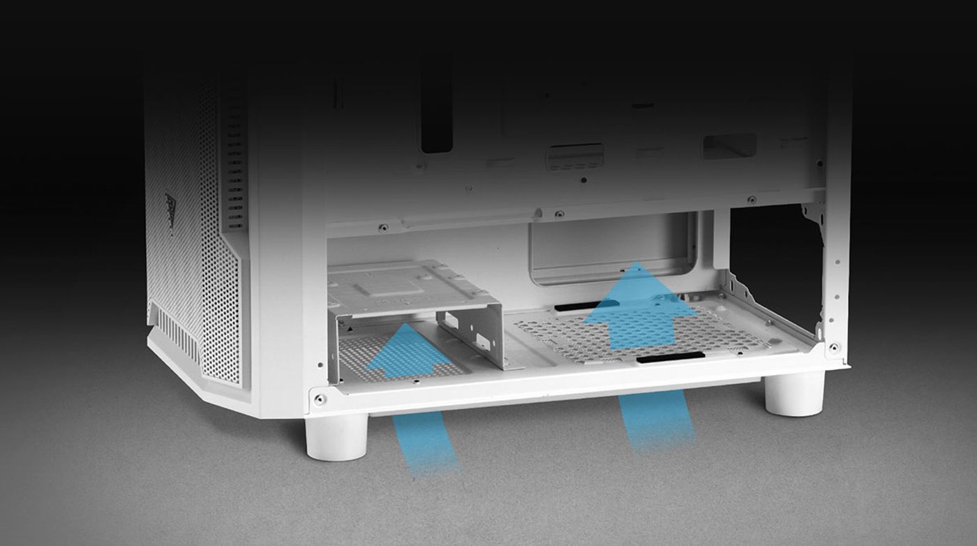 Gamdias Athena M6 Lite showing elevated stands and perforated lower compartment for airflow