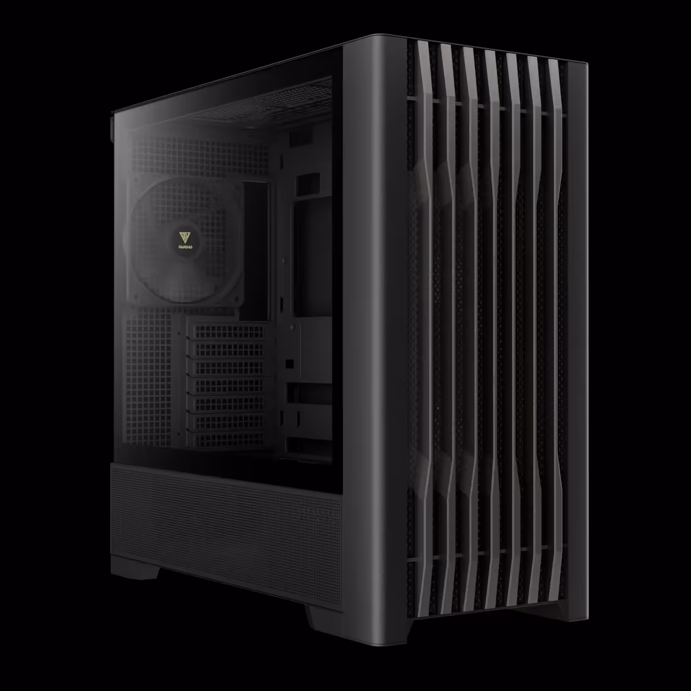 Black GAMDIAS ATHENA P3 three-quarter view with the tempered glass left panel and the rear fan inside