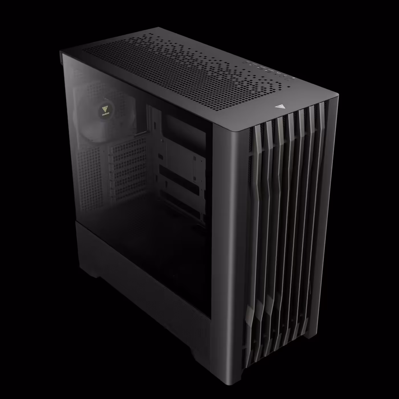 Top view of the black GAMDIAS ATHENA P3 showing the perforated top panel and the glass left side