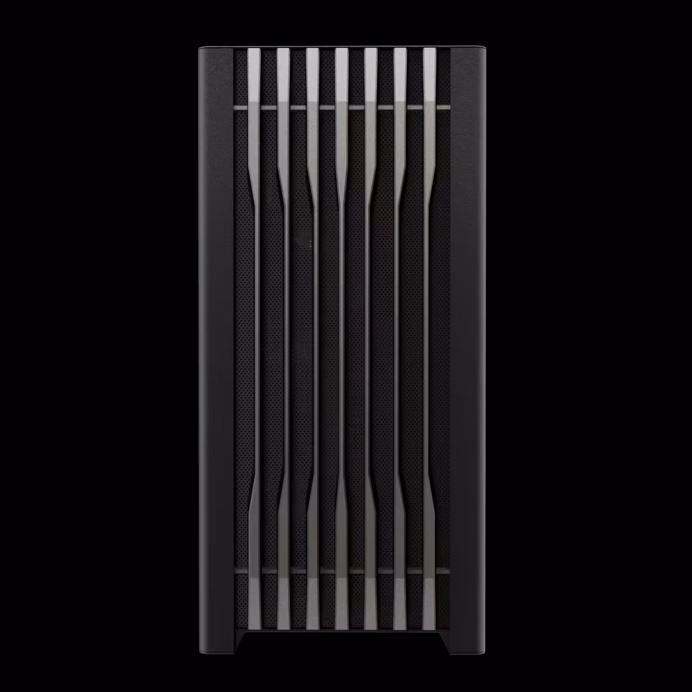 Front view of the black GAMDIAS ATHENA P3 showing the black and graphite grey bar-patterned mesh panel