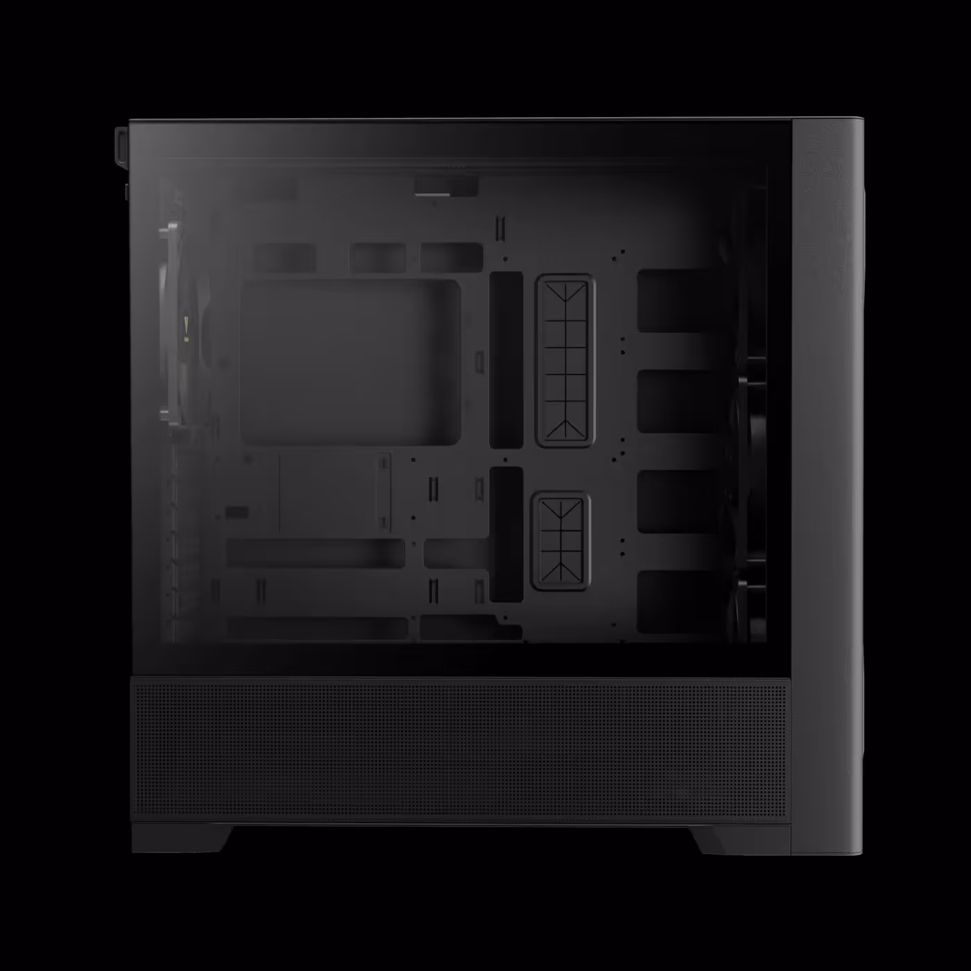 Left side of the empty black GAMDIAS ATHENA P3 through the glass panel, showing the motherboard tray