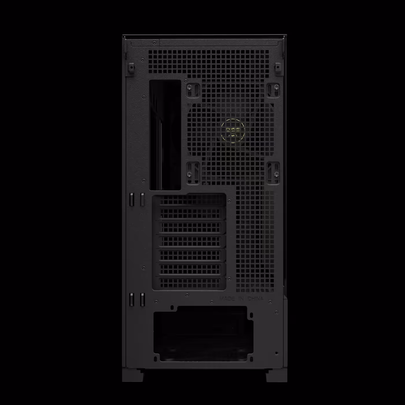 Rear of the black GAMDIAS ATHENA P3 with the rear fan, 7 expansion slots and the PSU opening