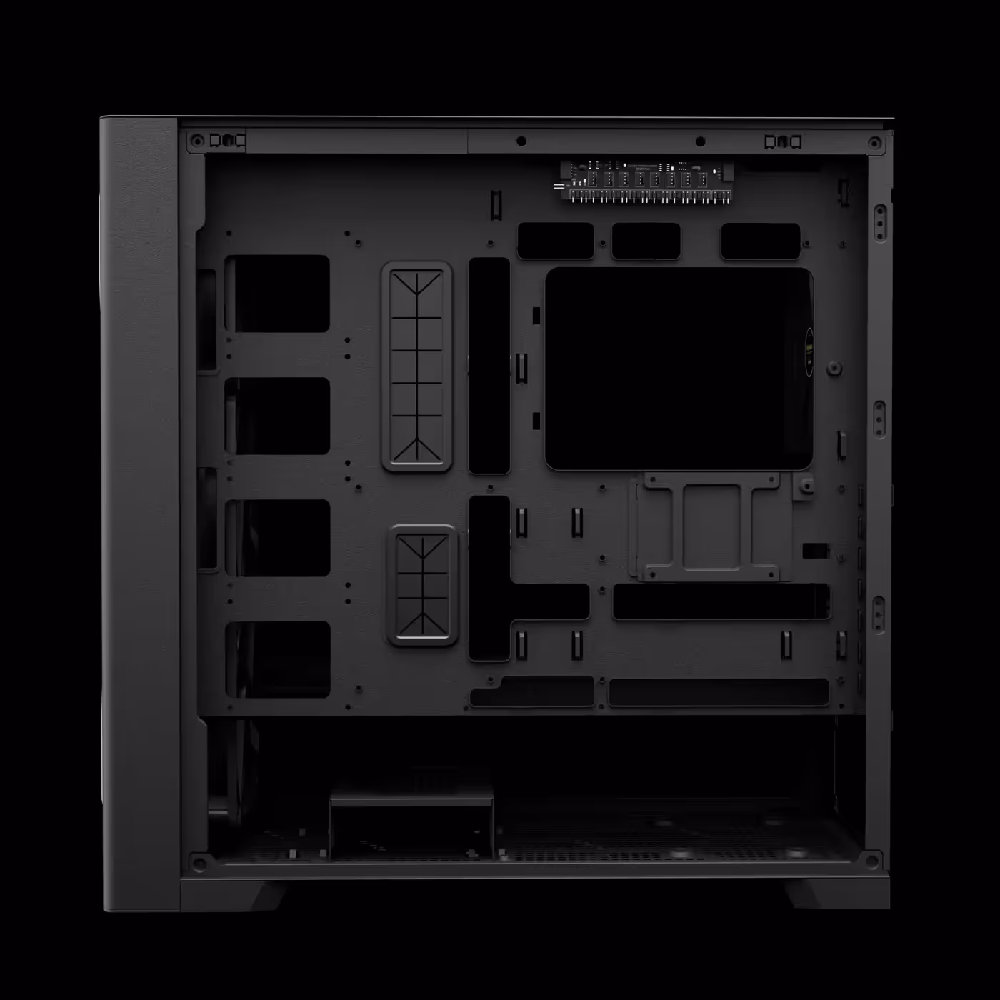 Right side of the black GAMDIAS ATHENA P3 with the panel off, showing the back of the motherboard tray