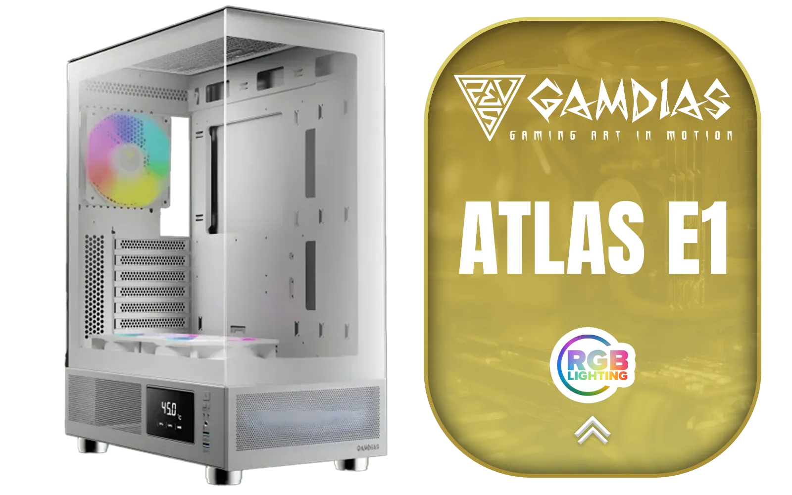 GAMDIAS ATLAS E1 WH Gaming ATX Mid Tower Computer PC Case, Customized Monitor w/Software, 3 x 120mm ARGB Fans(2 Reverse), Supports Motherboards up to ATX, Panoramic Tempered Glass Display, Perforated Airflow Vent PSU Chamber, White / ATLAS-E1-WH