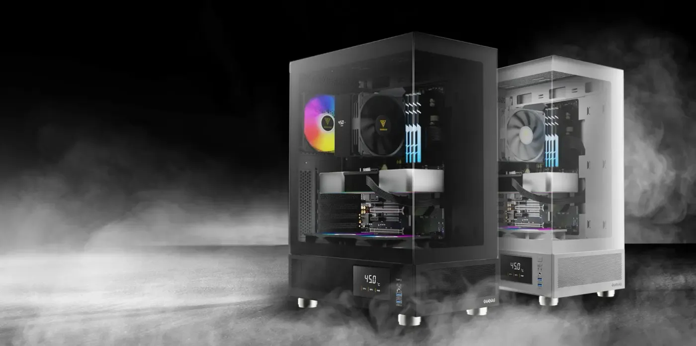 GAMDIAS ATLAS E1 black ATX mid tower case viewed from the front corner through its glass panels
