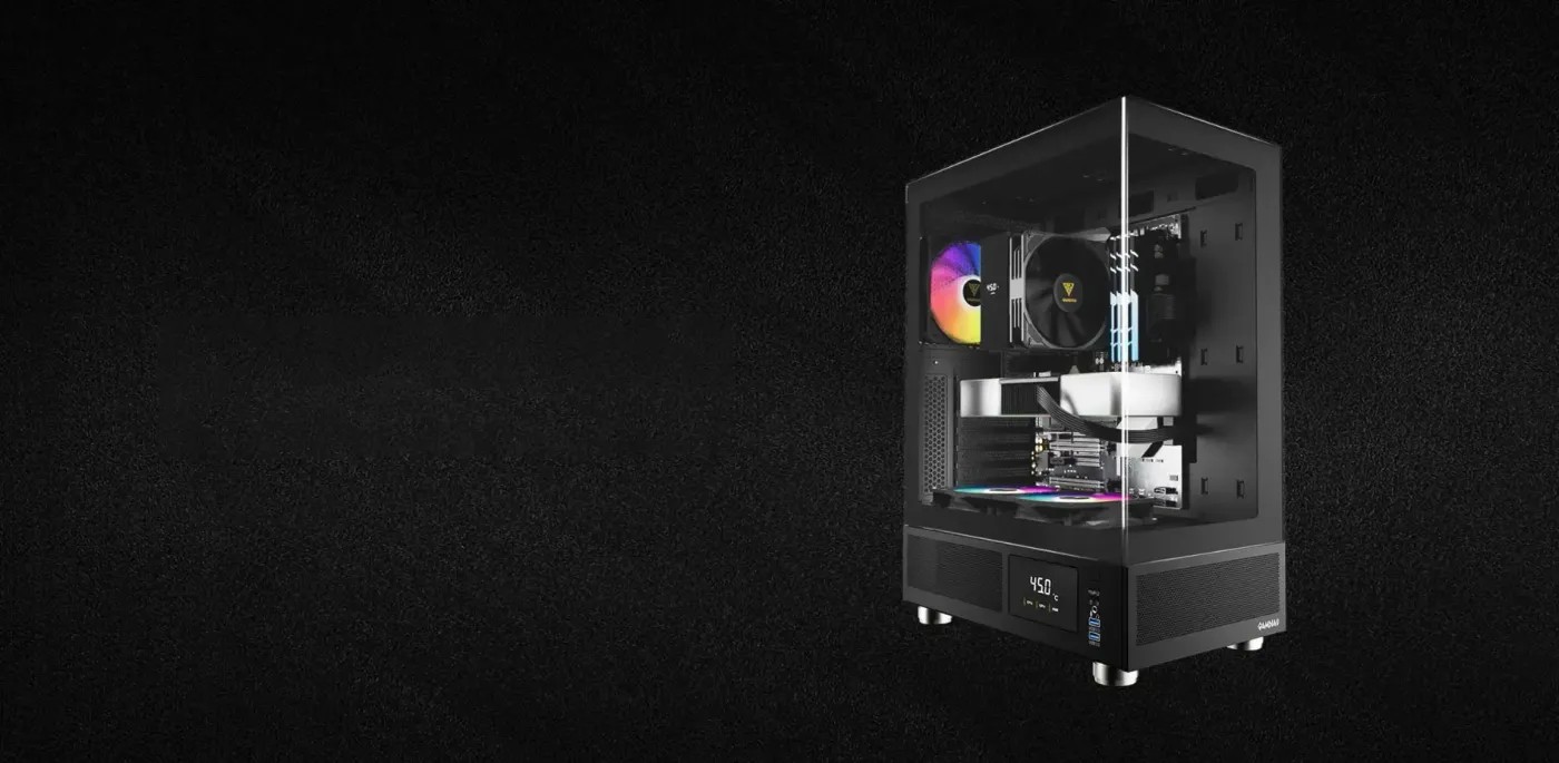ATLAS E1 black case standing on a desk showing its compact mid tower profile
