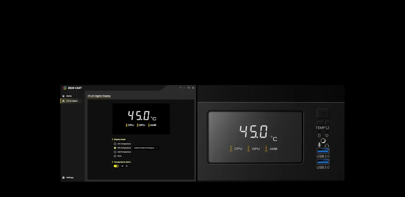 Integrated real-time monitor on the ATLAS E1 displaying CPU and GPU temperatures