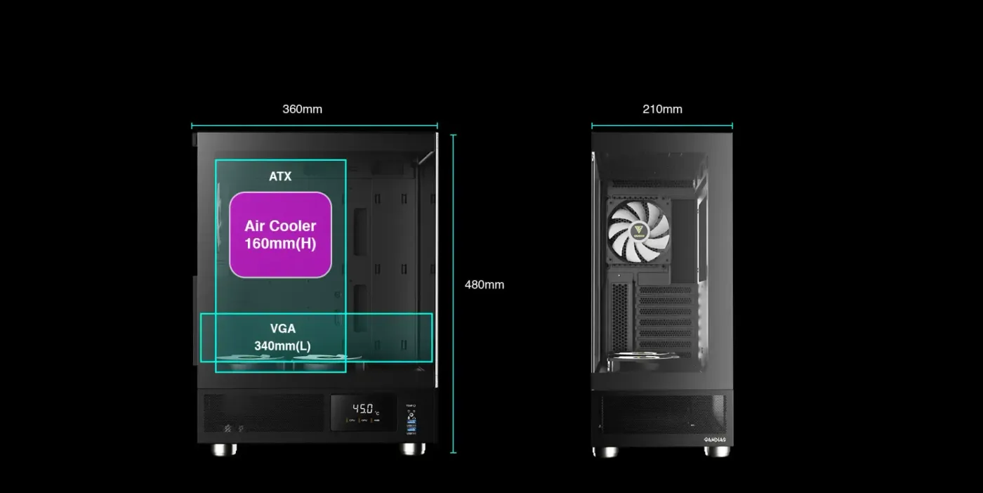 Open interior of the ATLAS E1 showing the ATX motherboard tray and graphics card clearance