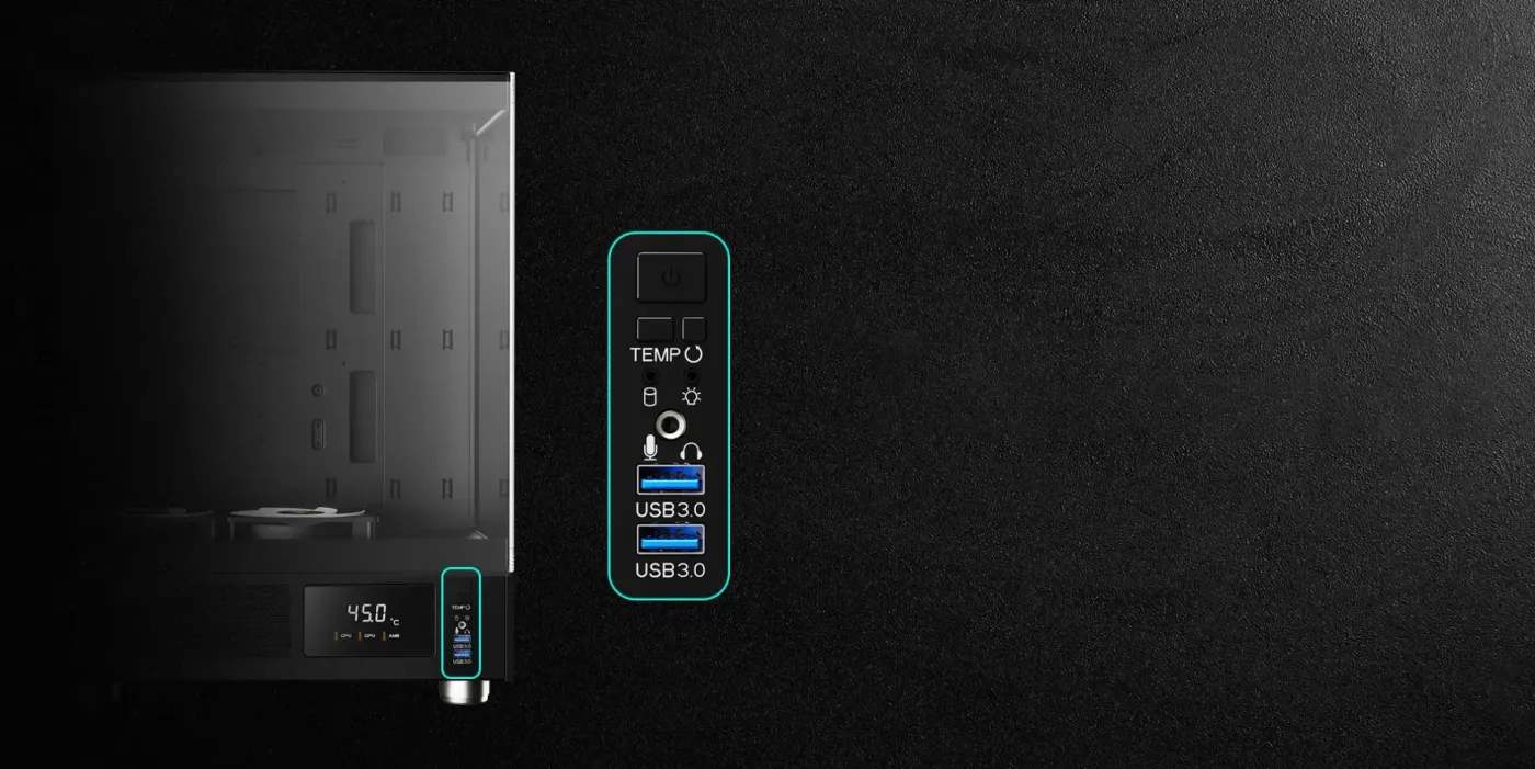 ATLAS E1 front I/O panel with two USB 3.0 ports, audio jack and control buttons