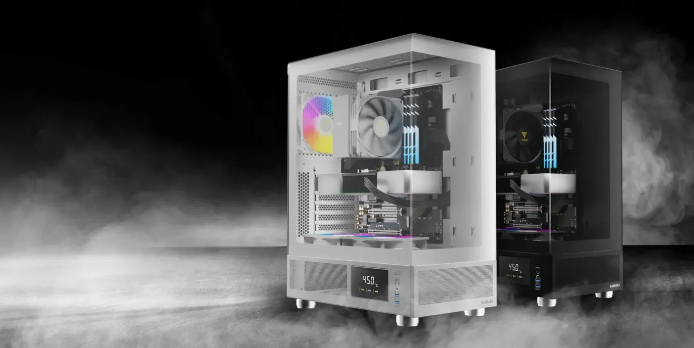 GAMDIAS ATLAS E1 WH white gaming chassis shown from the front corner with glass panels