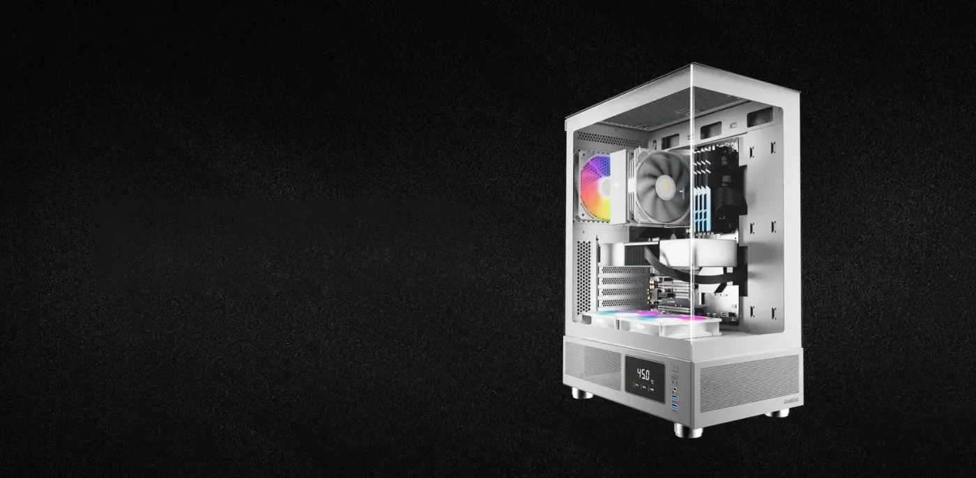 ATLAS E1 WH white case positioned on a desk to show its overall size