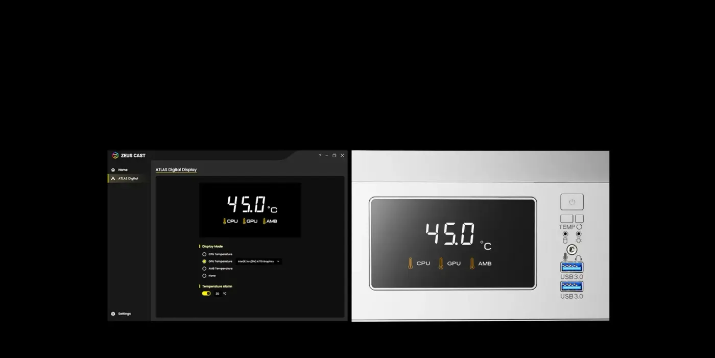 Customisable system monitor on the ATLAS E1 WH showing live temperature readings
