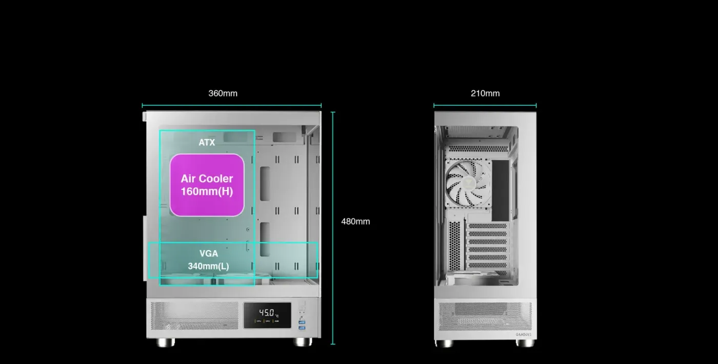 Interior of the ATLAS E1 WH showing the ATX motherboard area and cooler clearance