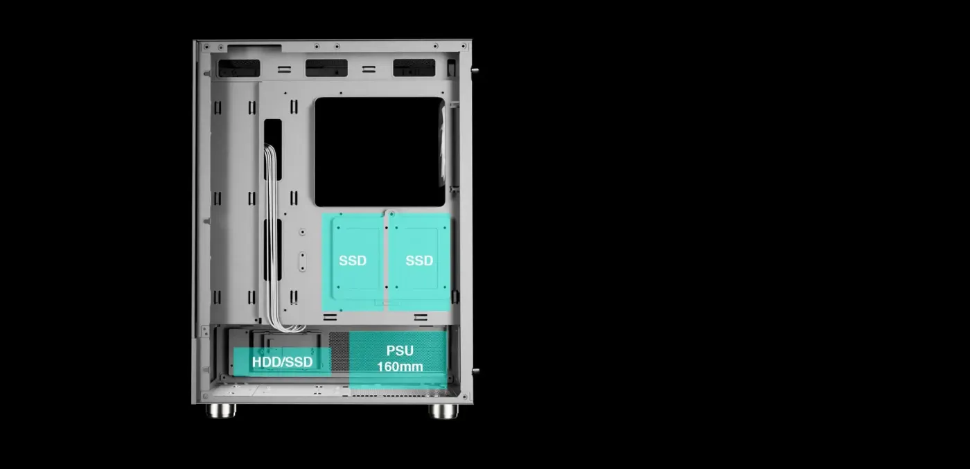 Storage drive mounts and PSU bay in the ATLAS E1 WH chassis