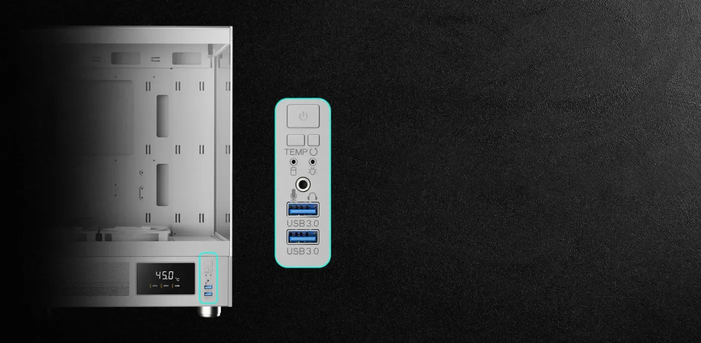 I/O panel of the ATLAS E1 WH with dual USB 3.0 ports, audio jack and control switches