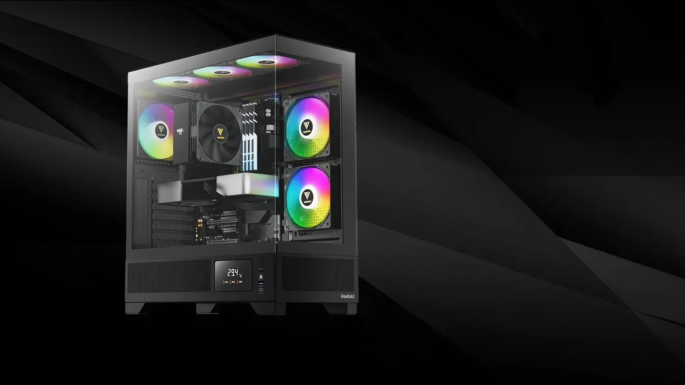 Seamless glass panel with clasp release on the Gamdias Atlas M1