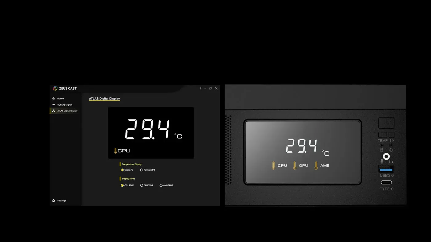 Built-in temperature monitor display on the Gamdias Atlas M1 case