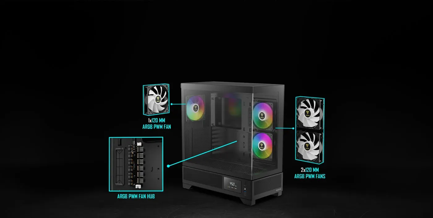 Three ARGB PWM fans fitted to the side and rear of the Gamdias Atlas M1