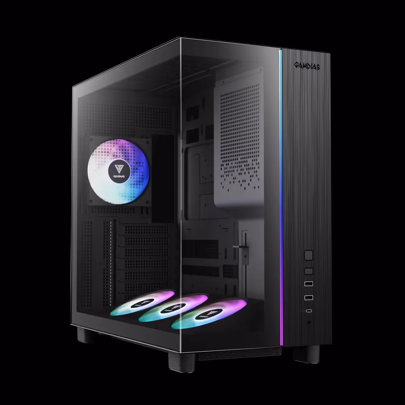 Black GAMDIAS ATLAS M4 with glass front and left side, three lit bottom ARGB fans and a lit rear ARGB fan