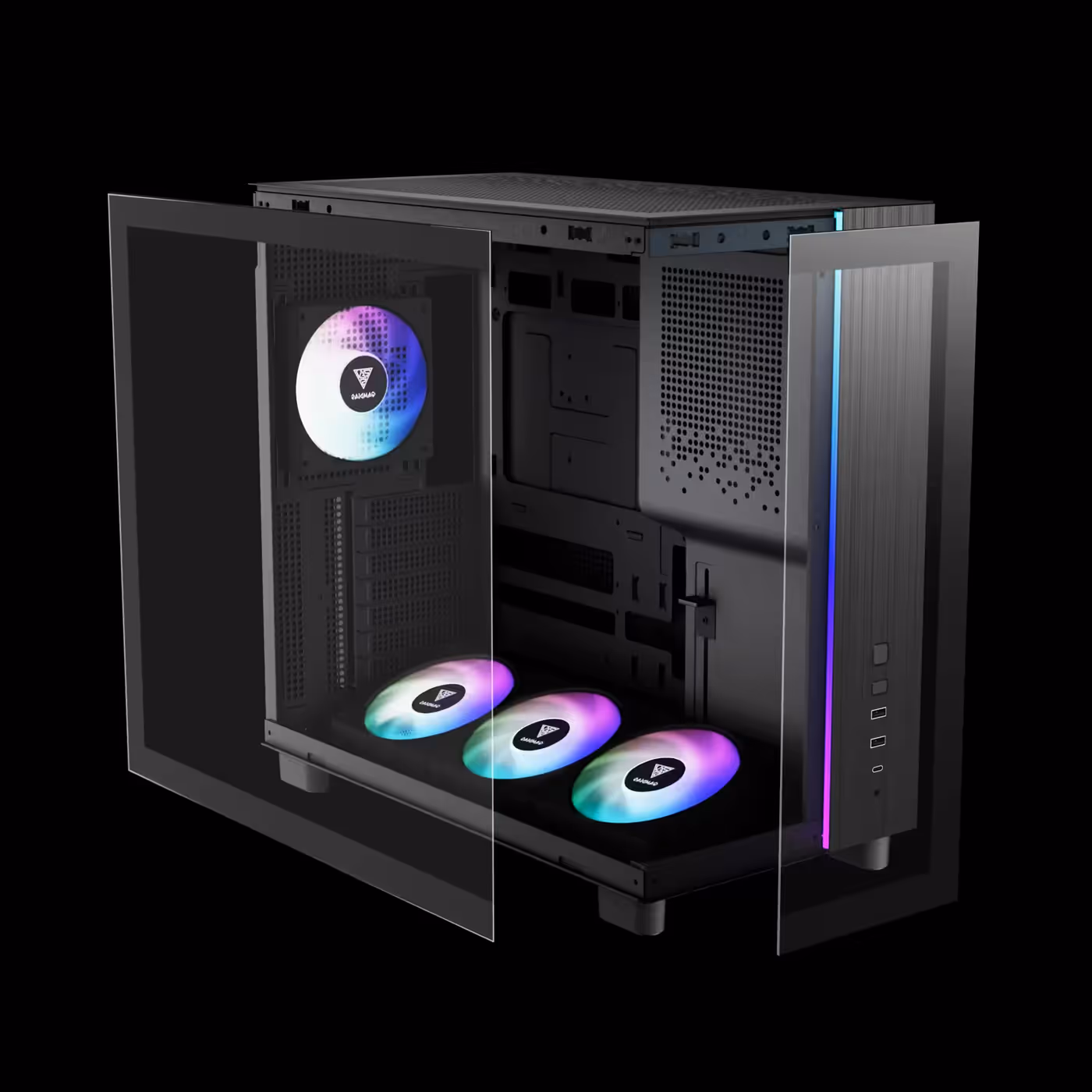 Black GAMDIAS ATLAS M4 with its front and left glass panels pulled away from the frame