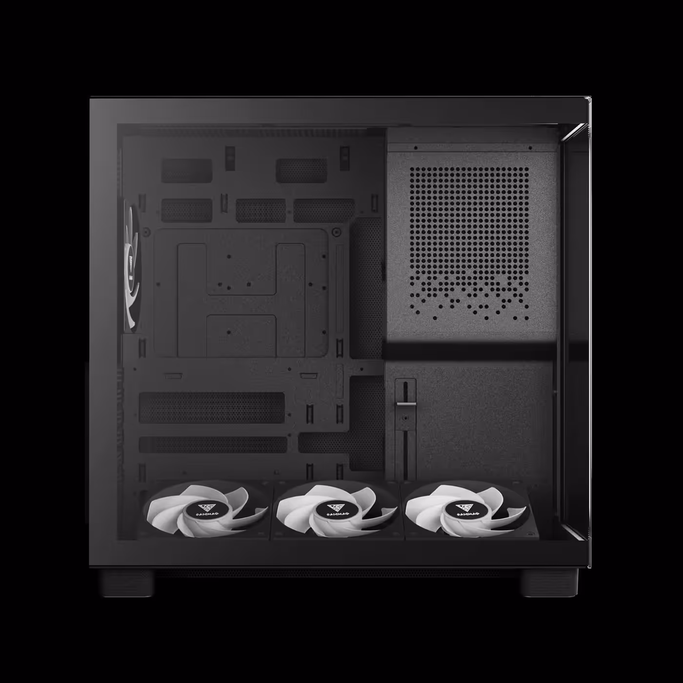 Side view of the black GAMDIAS ATLAS M4 interior with the three bottom fans on their bracket