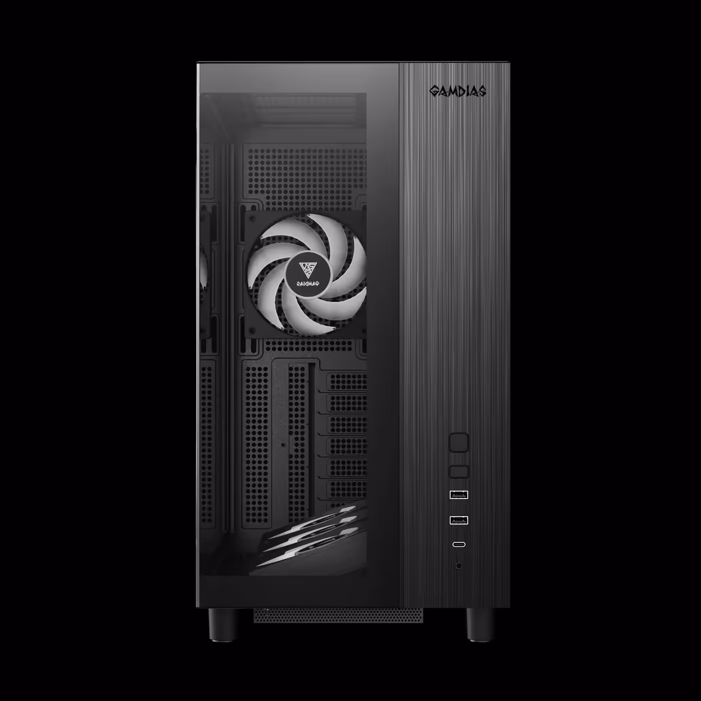 Front view of the black GAMDIAS ATLAS M4 with the glass front panel and the I/O ports beside it