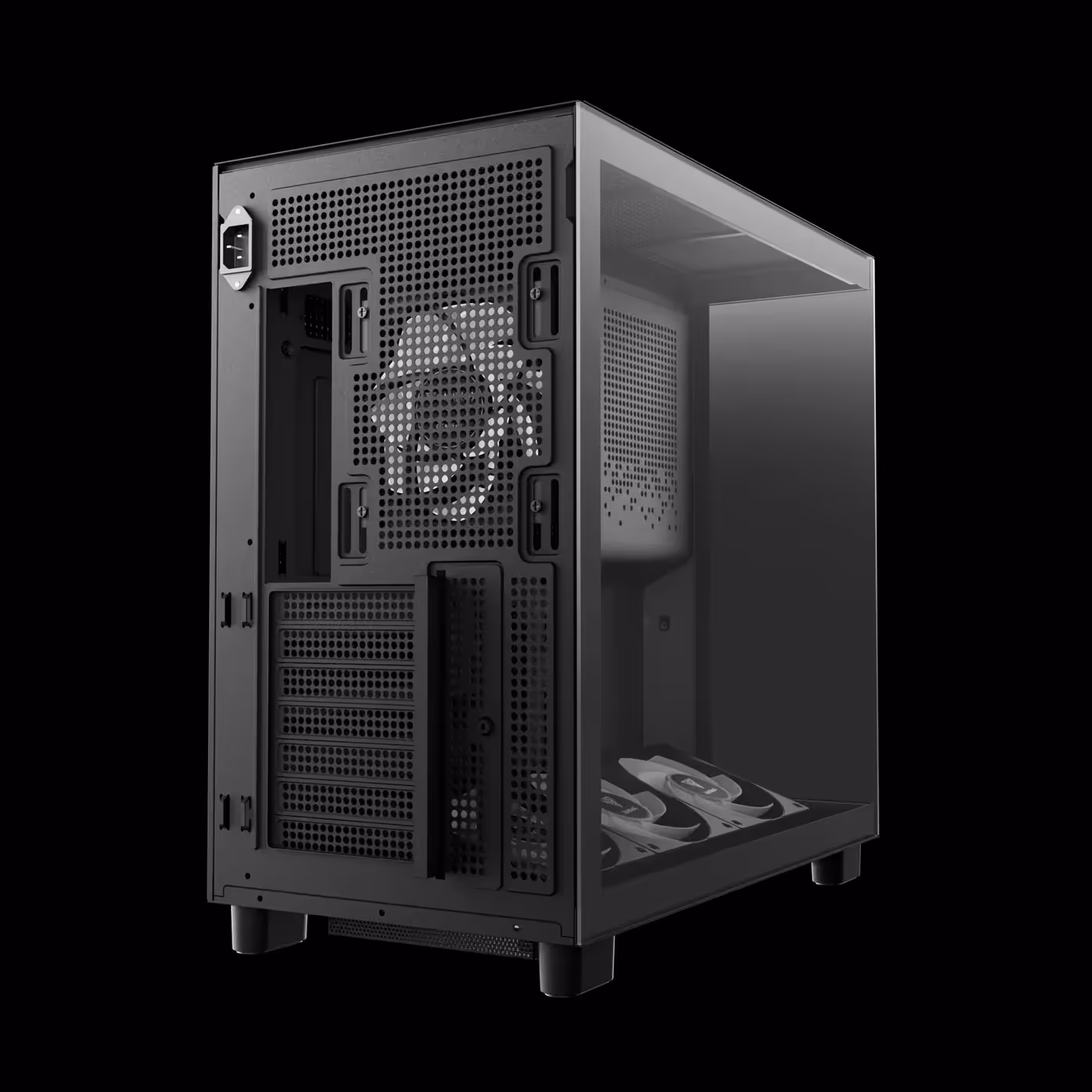 Rear three-quarter view of the black GAMDIAS ATLAS M4 with the rear fan and 7 expansion slots