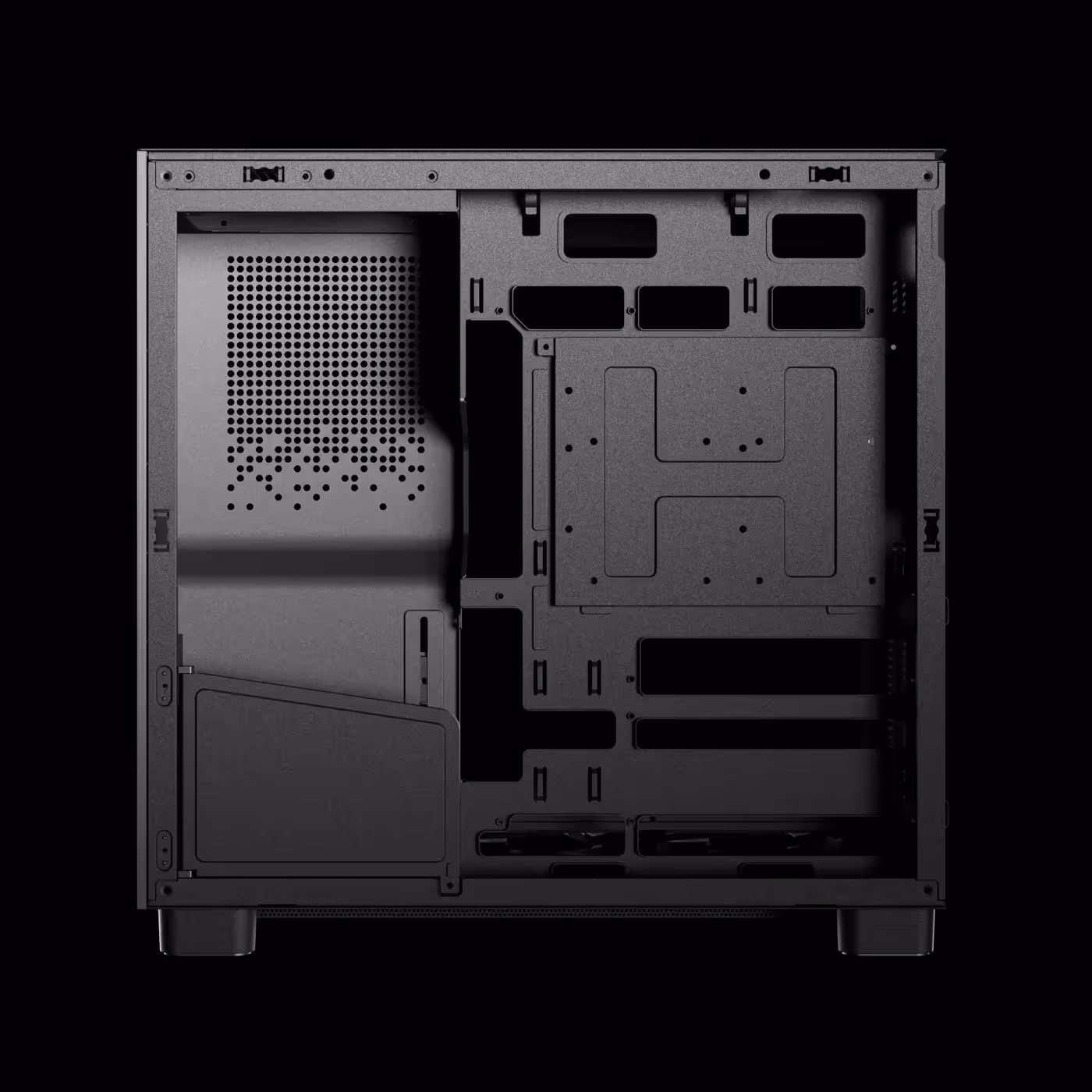 Right side of the black GAMDIAS ATLAS M4 with the panel off, showing the PSU chamber and motherboard tray