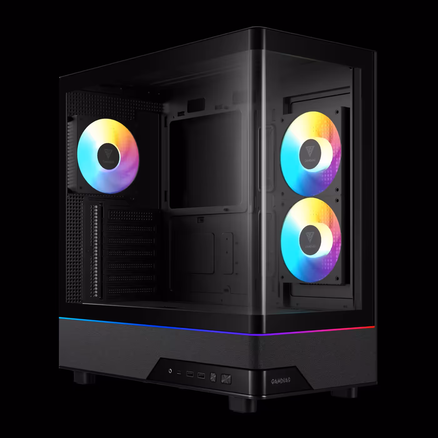 Black GAMDIAS ATLAS M5 CG with curved glass, lit side and rear fans and an RGB strip along the base