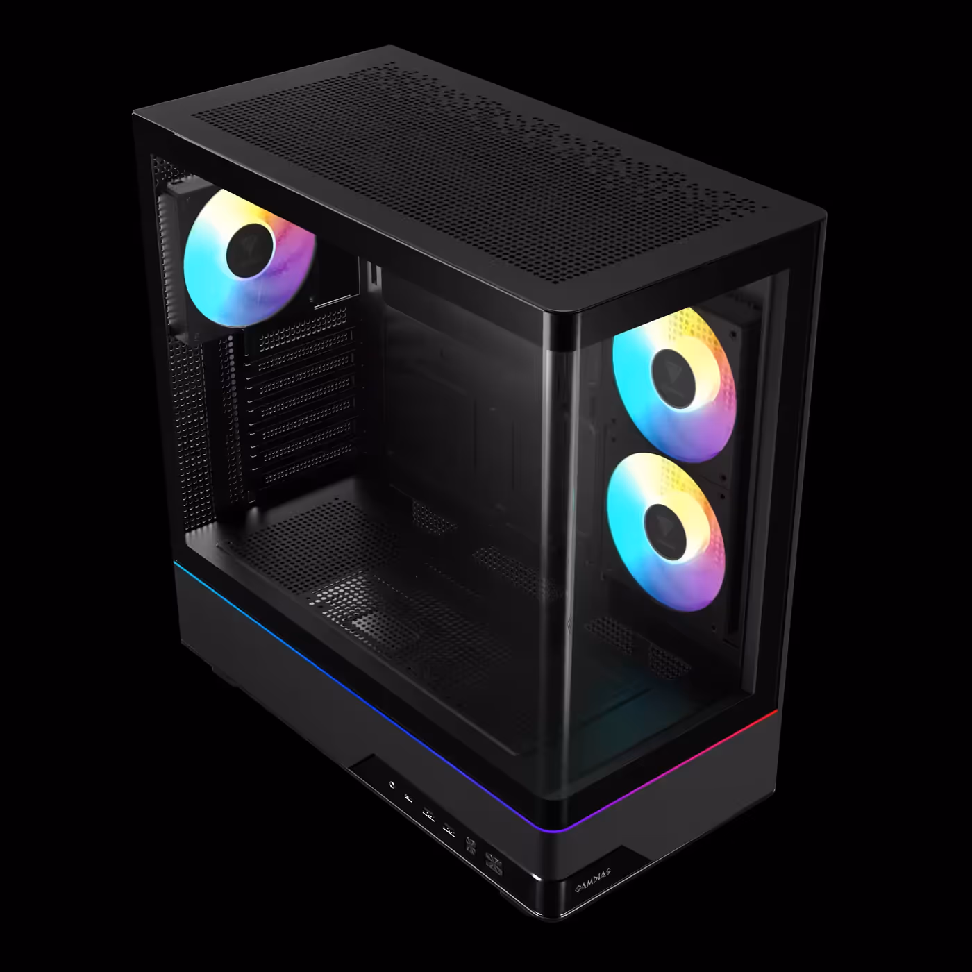 Top view of the black GAMDIAS ATLAS M5 CG showing the perforated top panel and lit fans