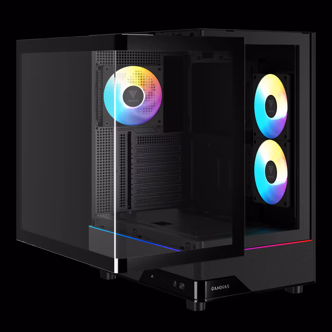 L-shaped curved glass panel pulled away from the black GAMDIAS ATLAS M5 CG frame