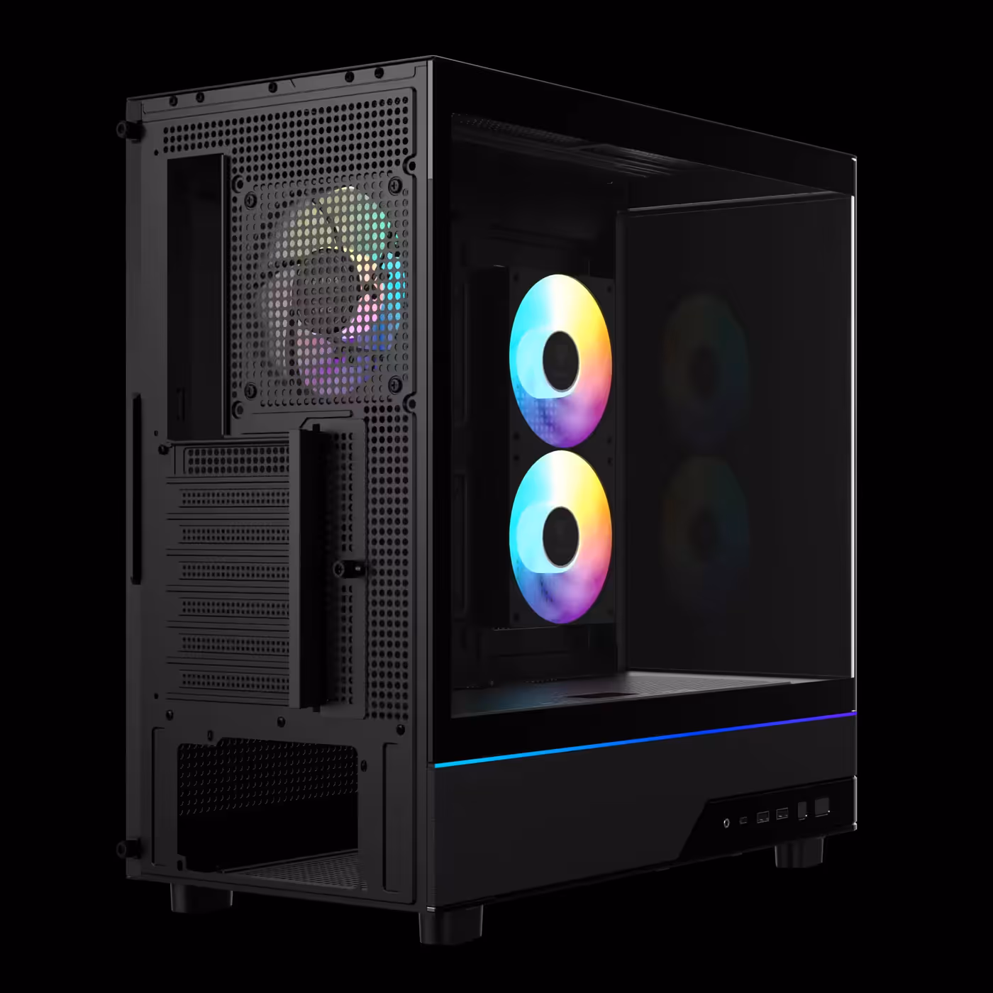 Rear three-quarter view of the black GAMDIAS ATLAS M5 CG with the rear fan and 7 expansion slots