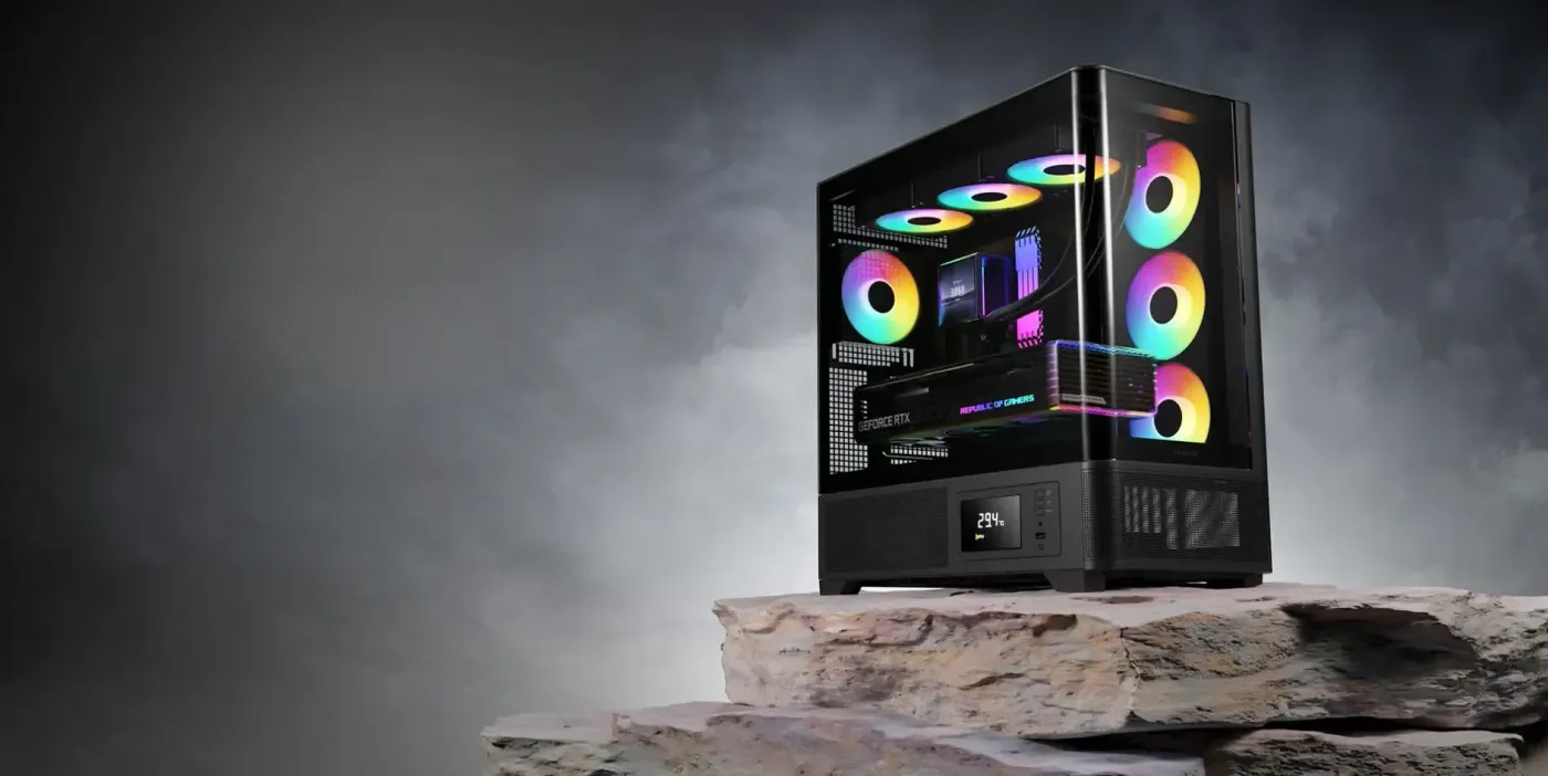 Gamdias Atlas P2 black case showing its one-piece curved tempered glass panel