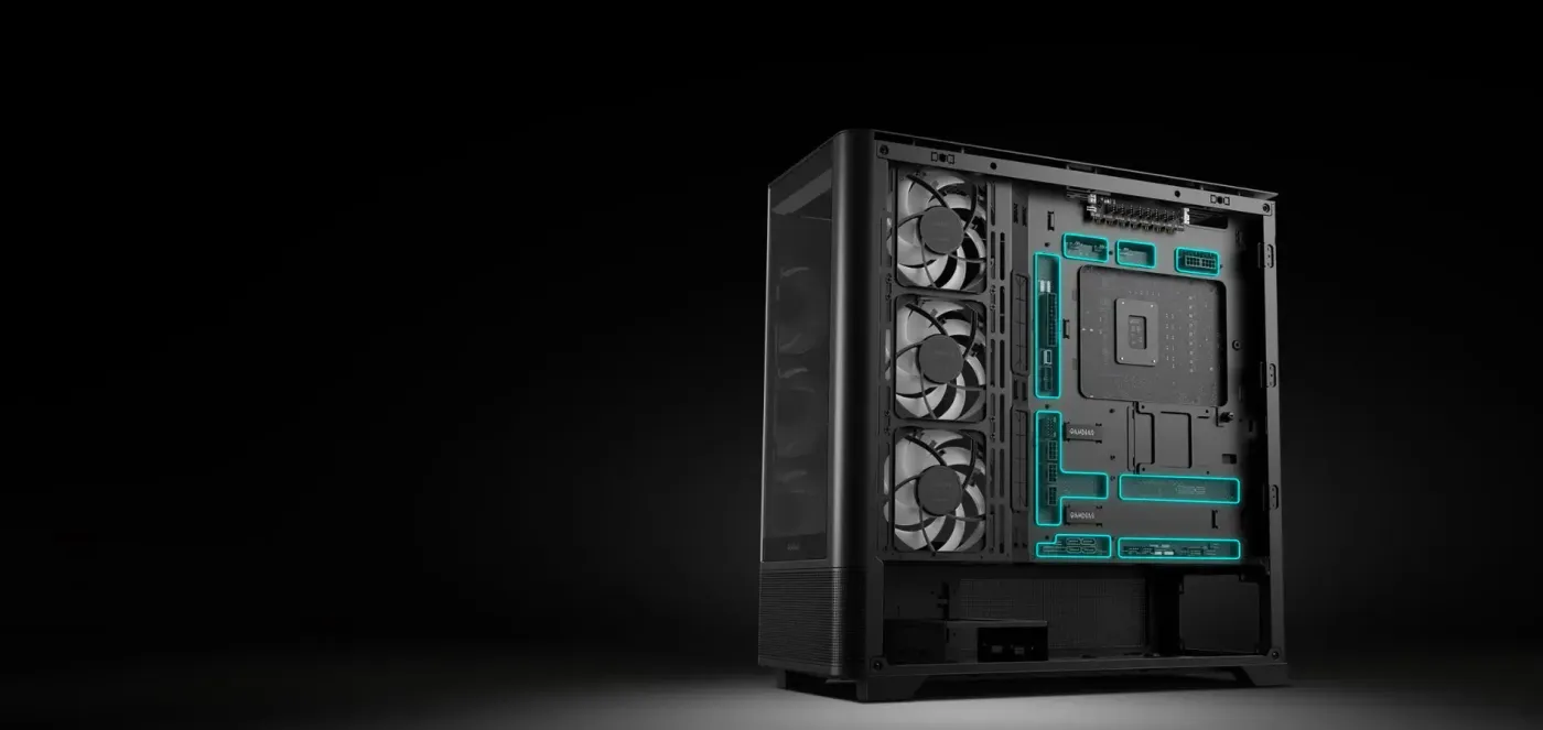BTF motherboard installed in the Atlas P2 with connectors routed behind the tray