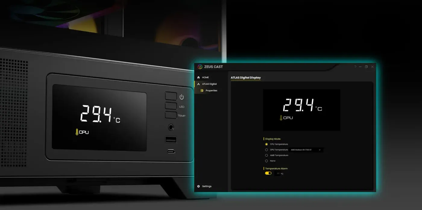 Real-time system monitor built into the Atlas P2 displaying temperature data