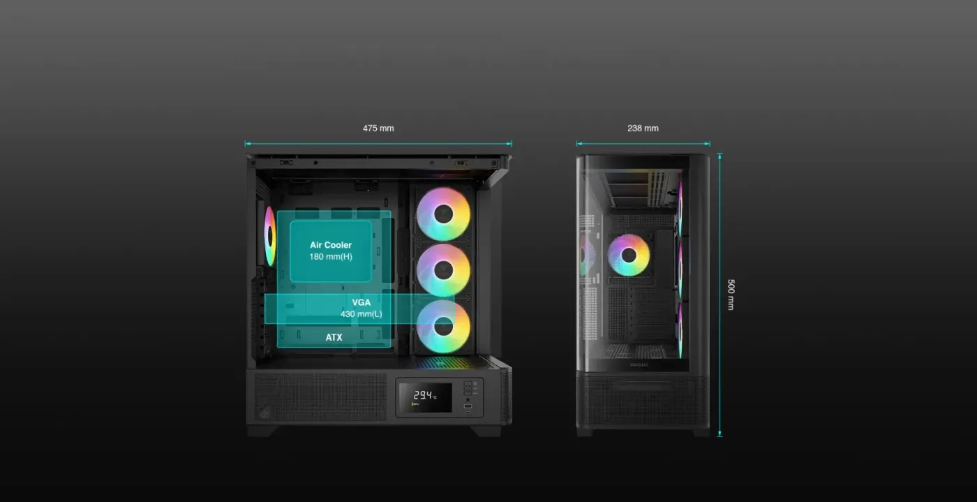 Interior of the Atlas P2 showing clearance for a long graphics card and tall air cooler